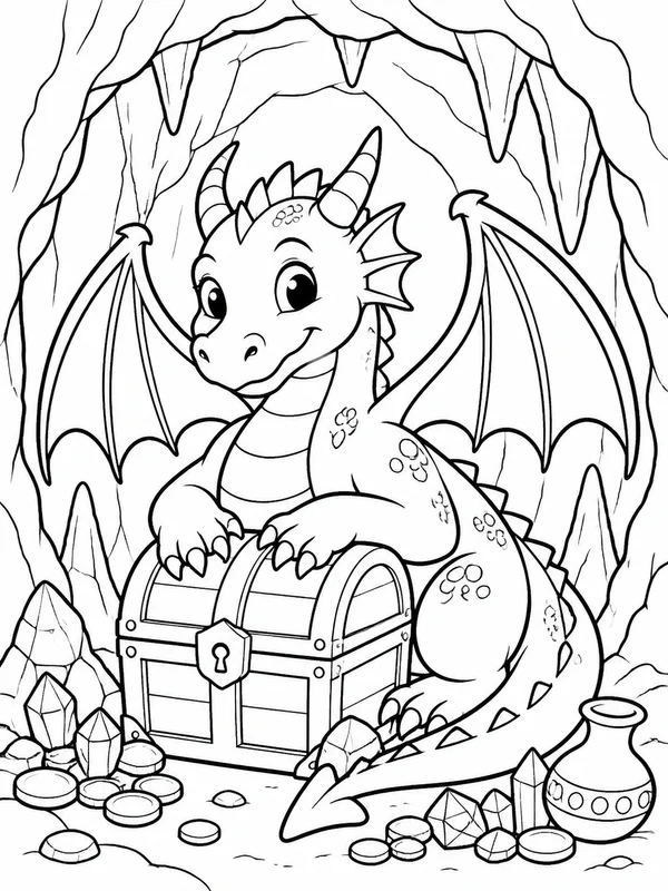 Gentle dragon guarding a treasure chest in a storybook cave coloring page printable line art