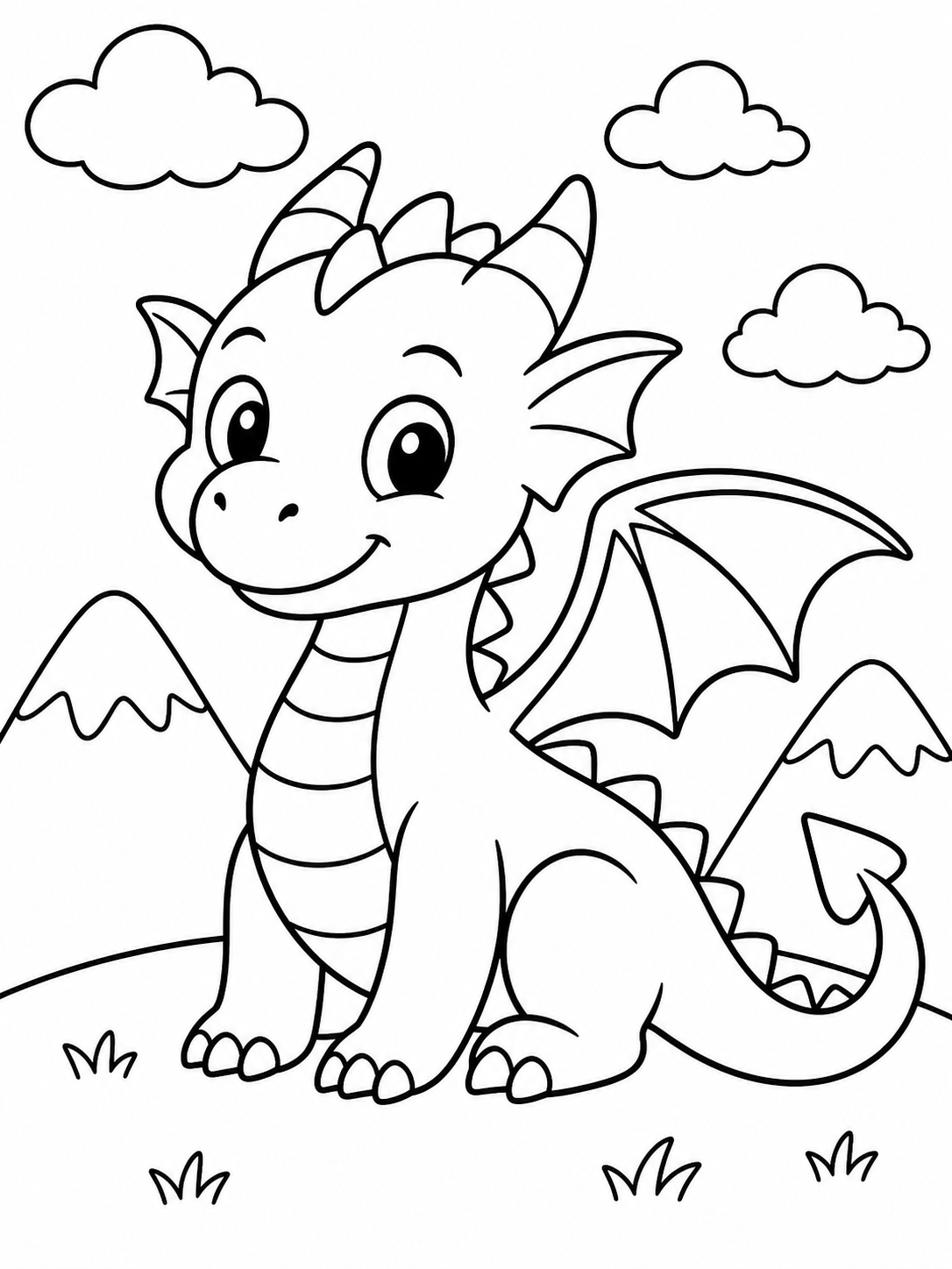 Escena de dragones para colorear en blanco y negro listo para imprimir