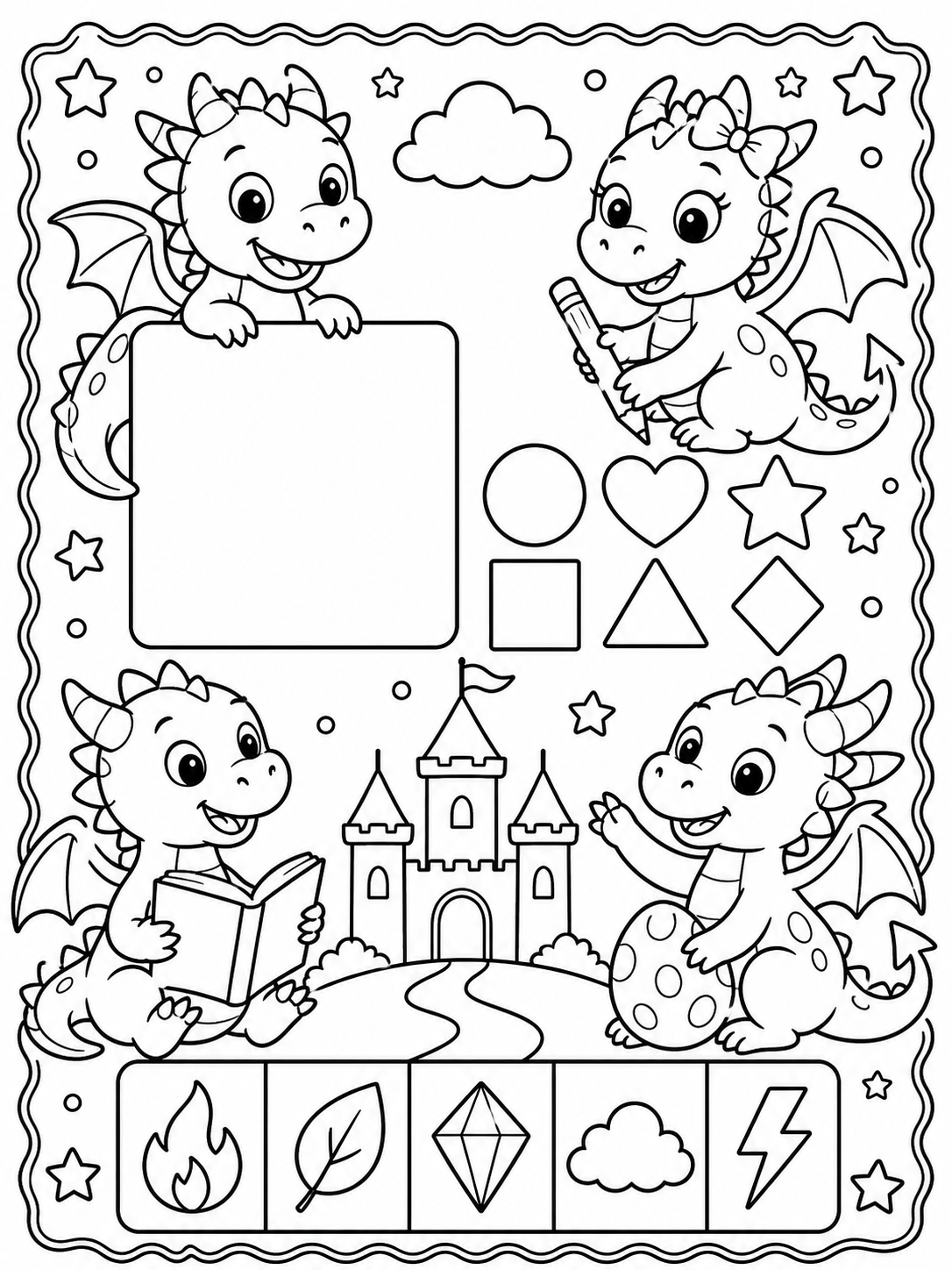 Página de dragones para el aula para colorear en blanco y negro listo para imprimir