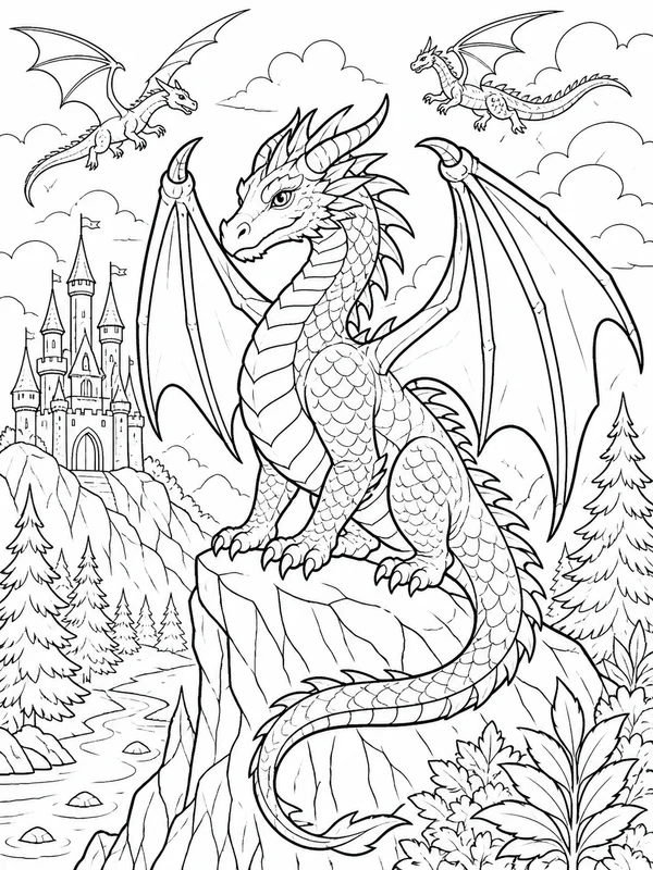 More detailed dragons scene coloring page printable line art