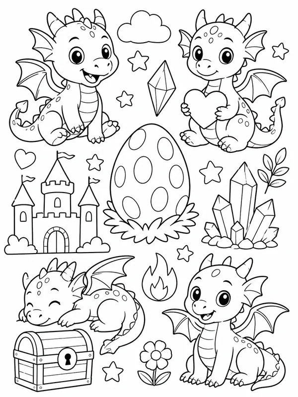 Cute dragons coloring page printable line art