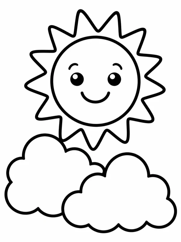 One smiling sun above two large clouds coloring page printable line art