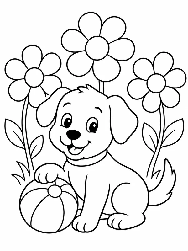 Friendly puppy with a ball and three large flowers coloring page printable line art