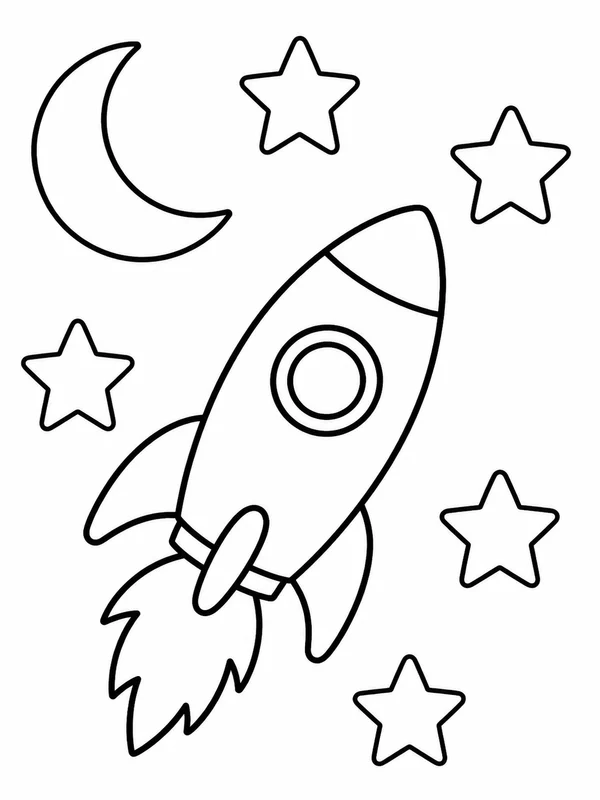 Simple rocket, moon, and five large stars with open coloring page printable line art