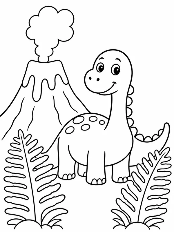 One friendly dinosaur beside a volcano and two large ferns coloring page printable line art