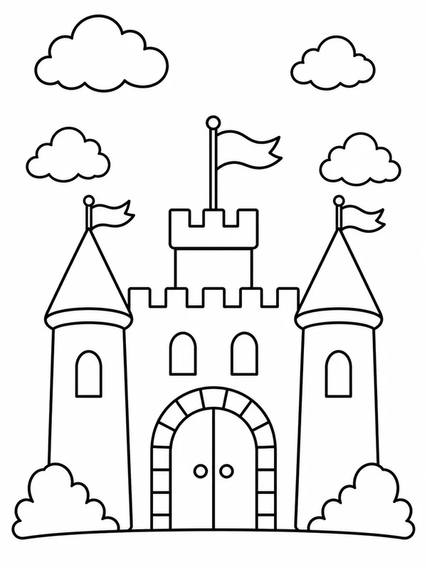 Simple castle with two towers, a flag, and fluffy clouds coloring page printable line art