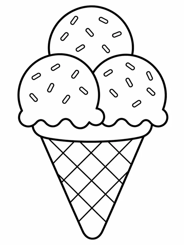 Large ice cream cone with three scoops and simple sprinkles coloring page printable line art