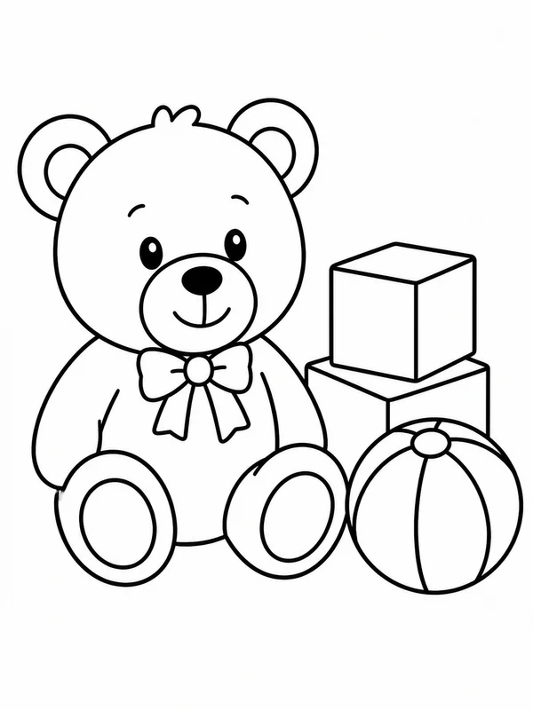 One teddy bear sitting beside two blocks and a round ball coloring page printable line art