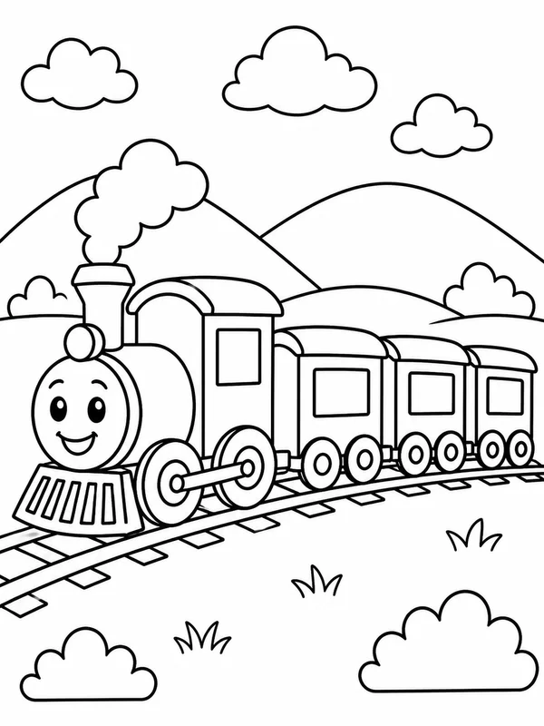 Cheerful train with three cars moving past simple hills coloring page printable line art