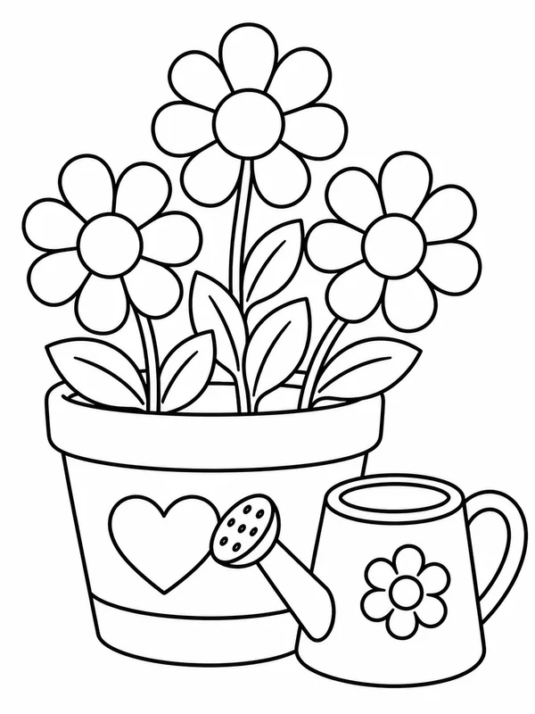 Large flower pot with three blooms, leaves, and a watering can coloring page printable line art