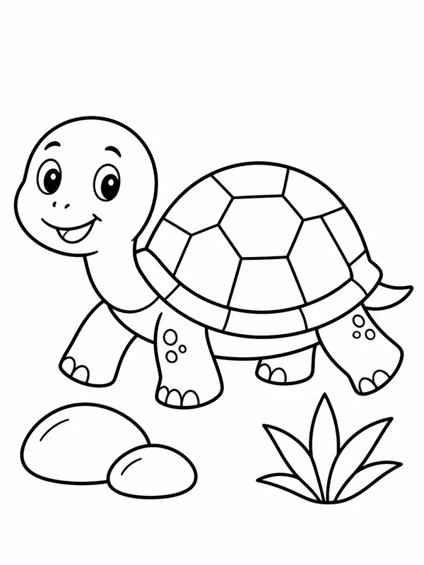 Smiling turtle walking beside two stones and a small plant coloring page printable line art