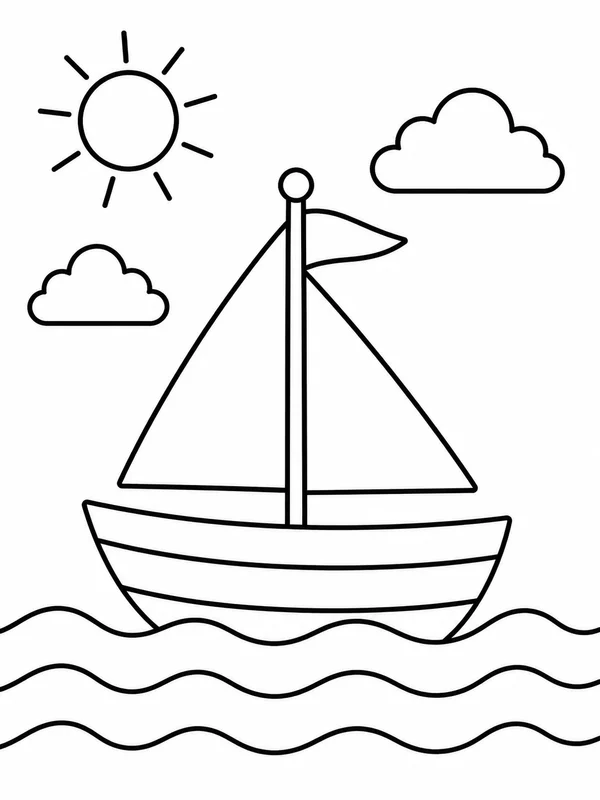 One sailboat on gentle waves beneath a sun and two clouds coloring page printable line art