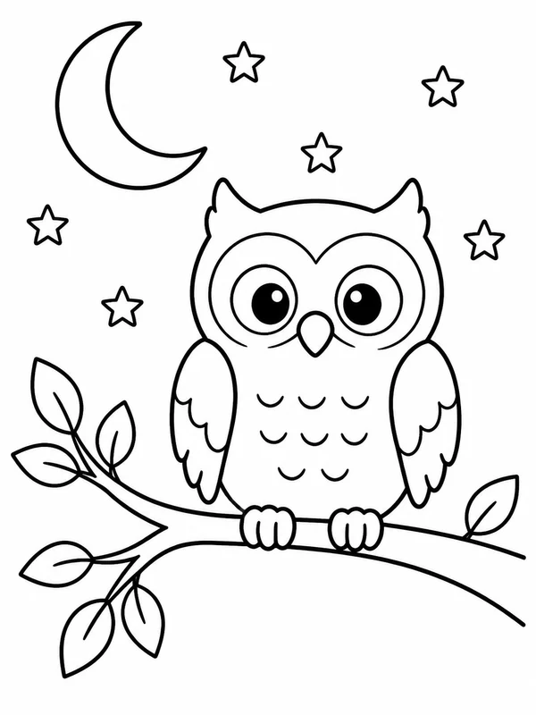 Friendly owl perched on one branch beneath a crescent moon coloring page printable line art