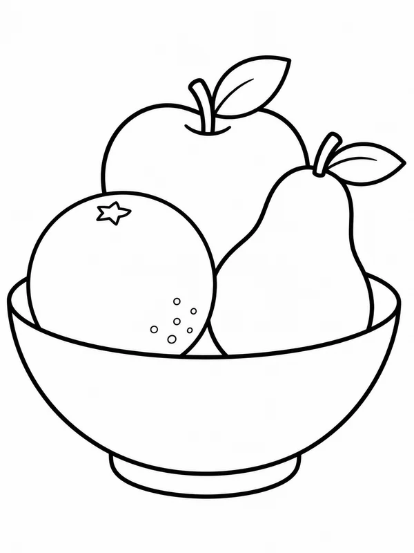 Three large fruits arranged in a bowl coloring page printable line art