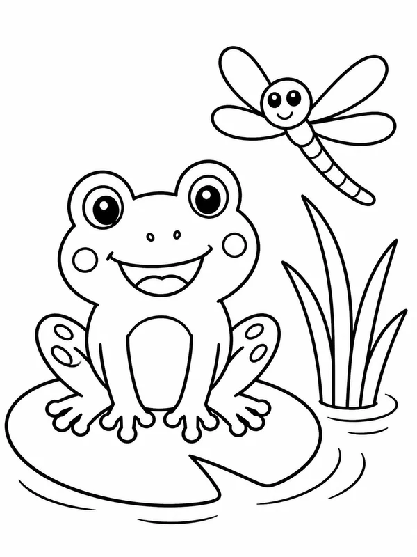 Happy frog sitting on one lily pad beside a dragonfly coloring page printable line art