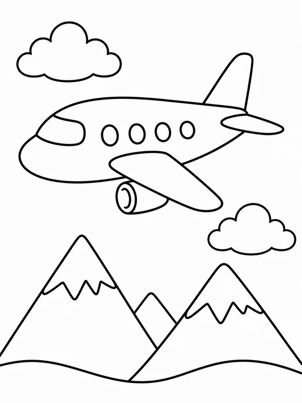 One airplane flying above two clouds and simple mountains coloring page printable line art