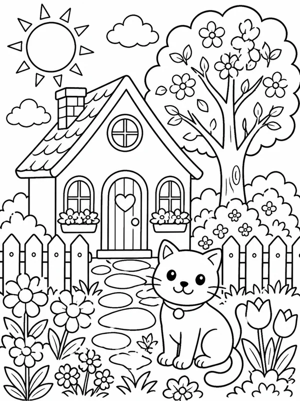 More detailed easy and simple subjects scene coloring page printable line art