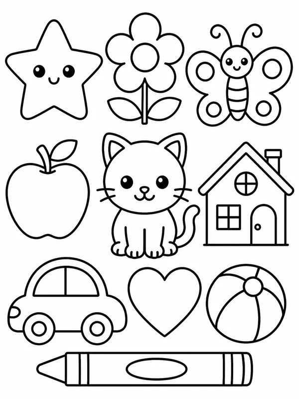 Cute easy and simple subjects coloring page printable line art