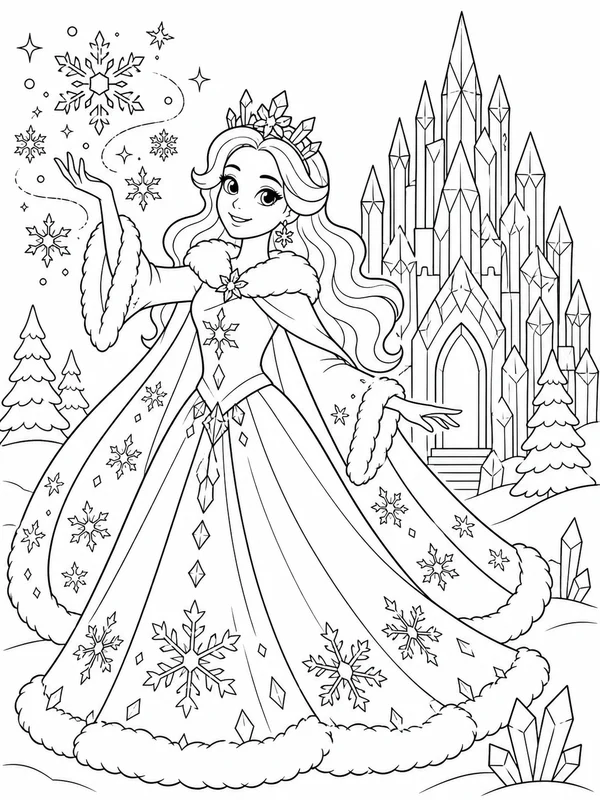 Winter princess creating sparkling snowflakes in front of a coloring page printable line art