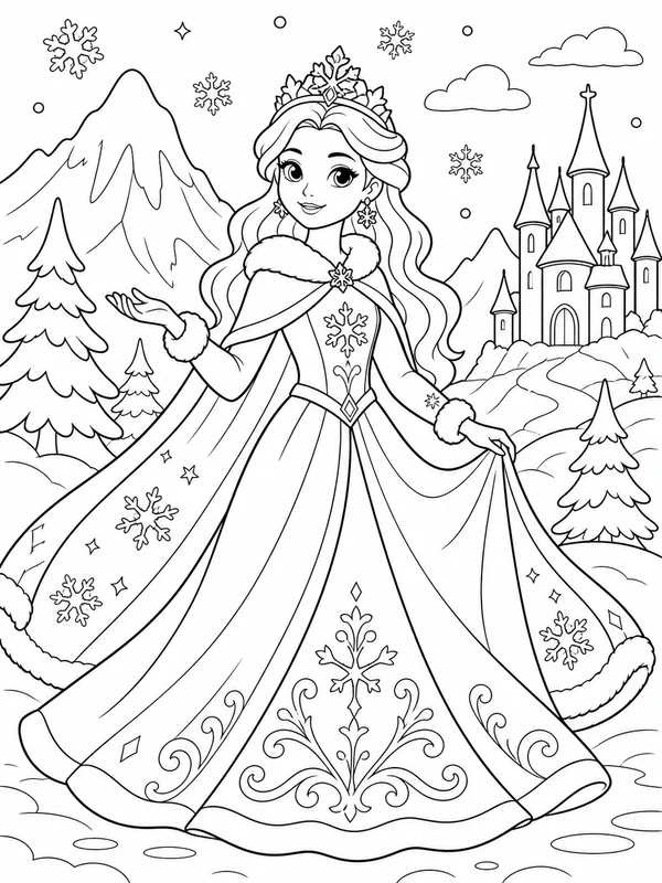 Winter princess wearing a flowing dress in a snowy mountain coloring page printable line art
