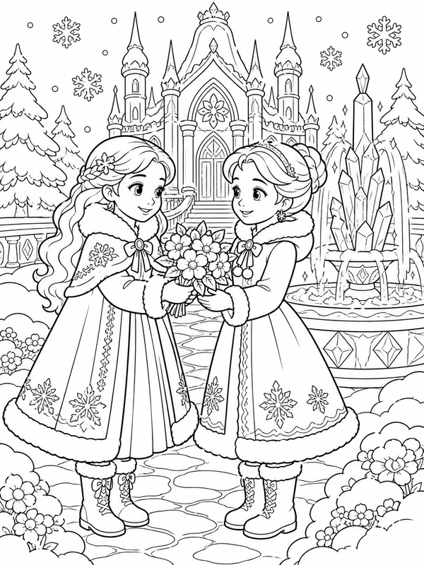 Two storybook sisters sharing a happy moment in a snow-covered coloring page printable line art
