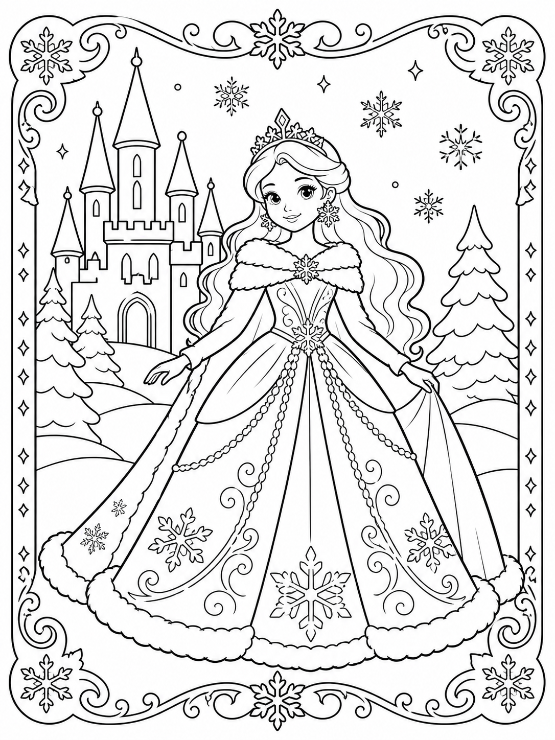 Printable an original winter fairy-tale princess sample printable line art