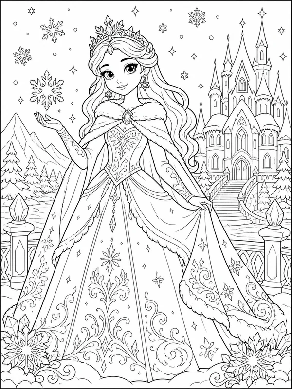 More detailed an original winter fairy-tale princess scene coloring page printable line art