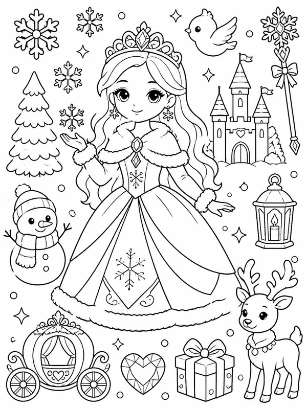 Cute an original winter fairy-tale princess coloring page printable line art