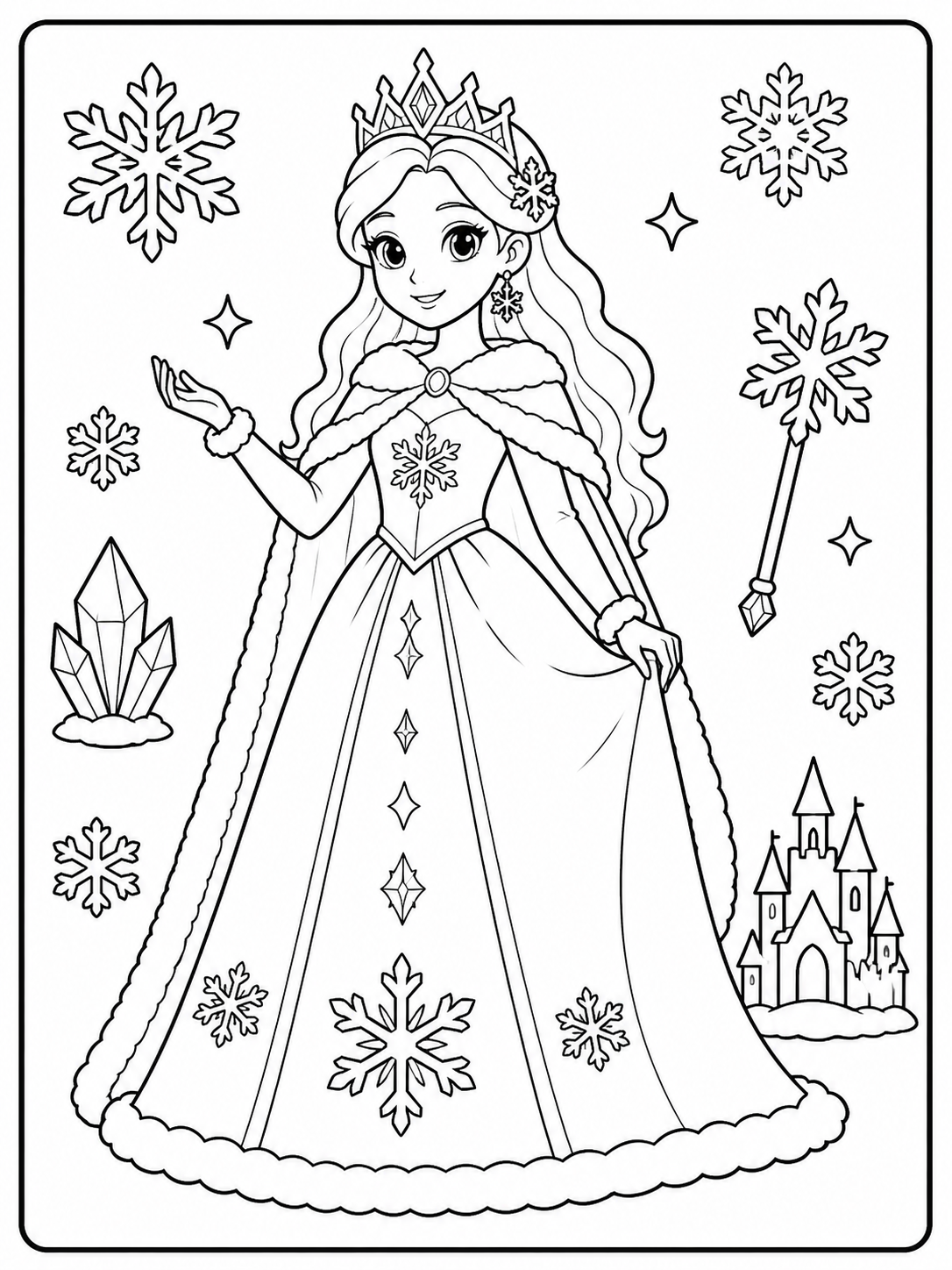 Clean an original winter fairy-tale princess coloring sheet printable line art