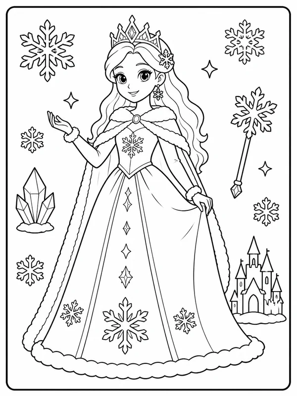 Clean an original winter fairy-tale princess coloring sheet printable line art