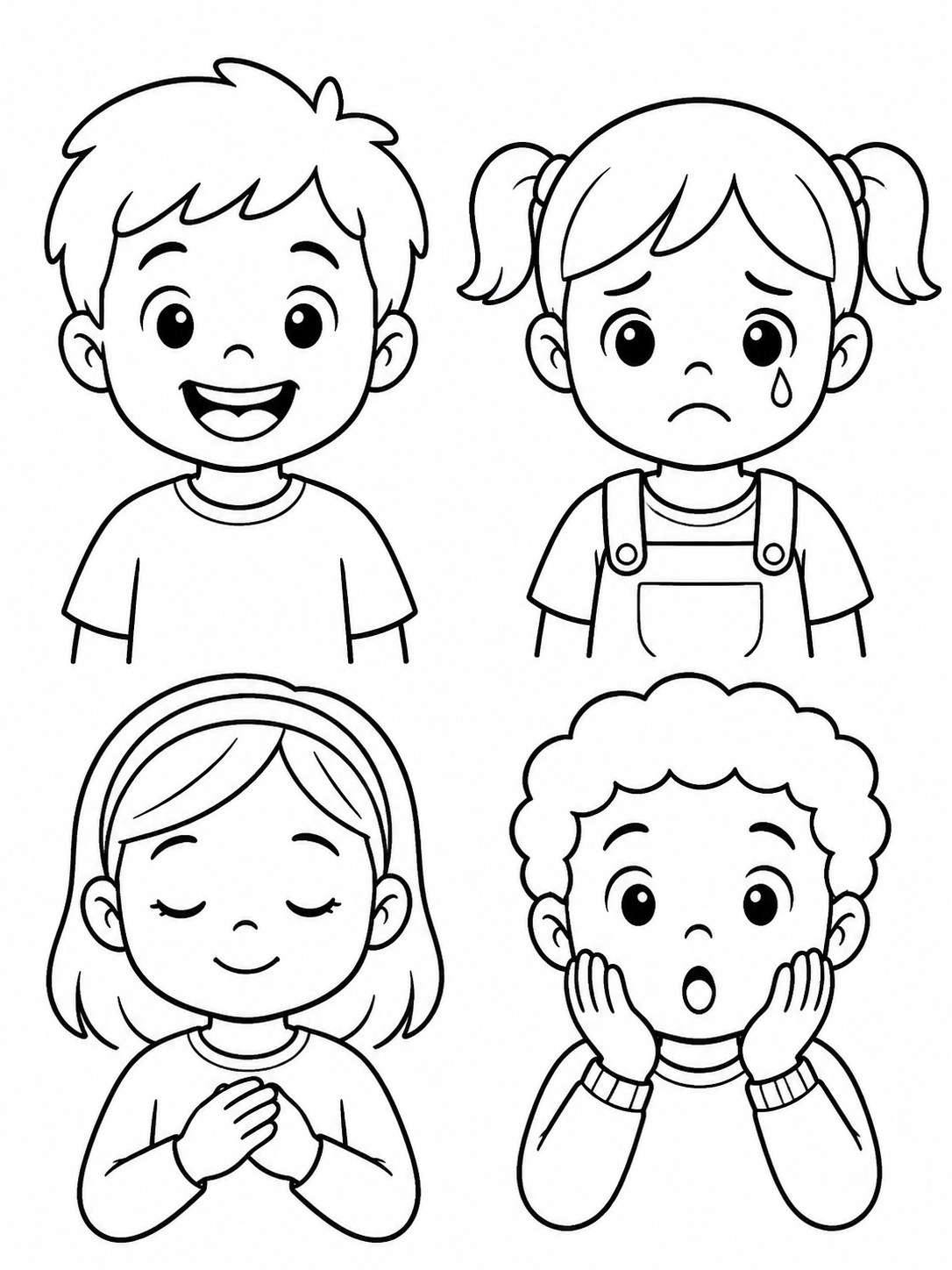 Four children showing happy, sad, calm, and surprised faces coloring page printable line art