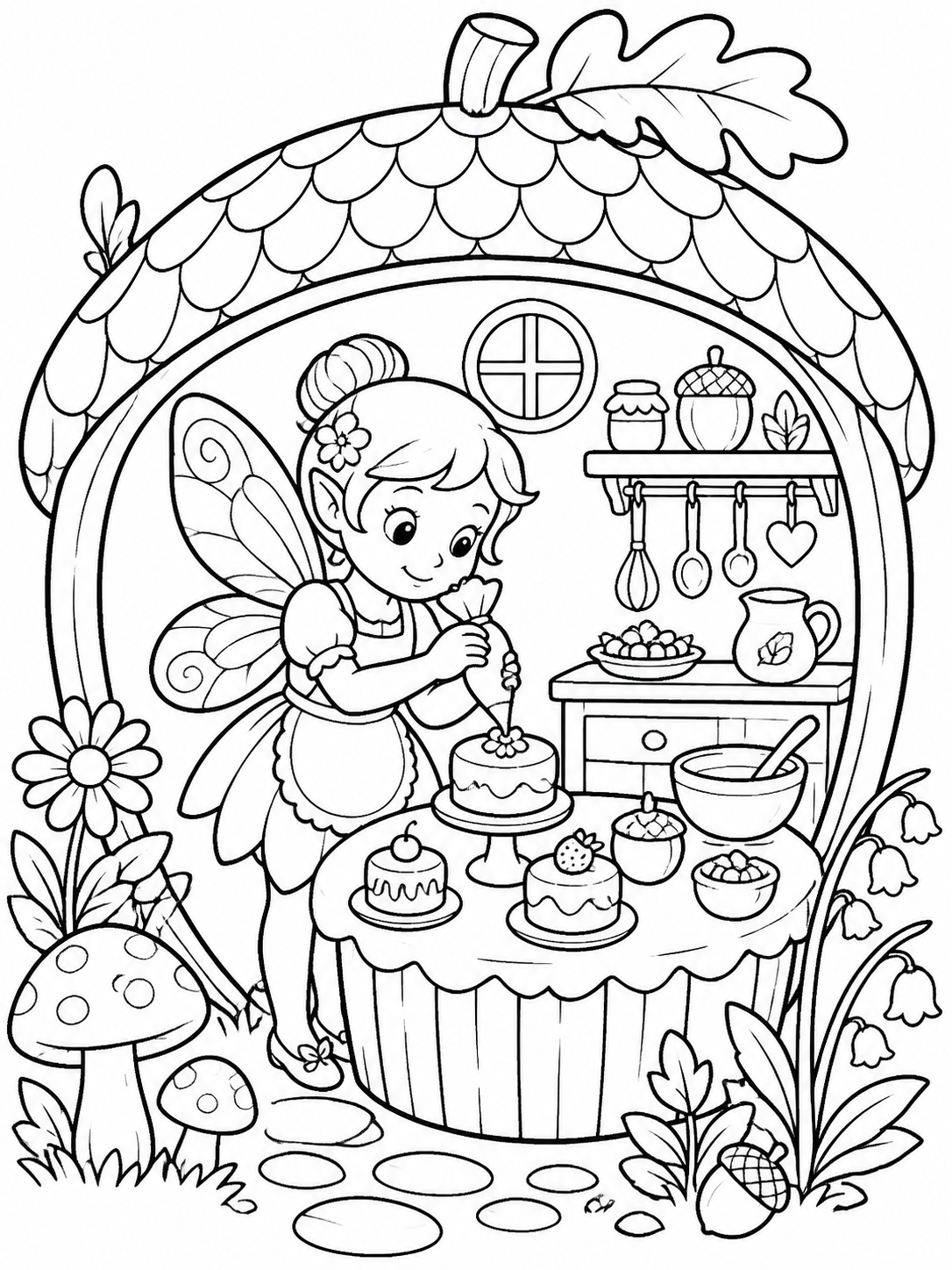Escena de fairy para colorear en blanco y negro listo para imprimir