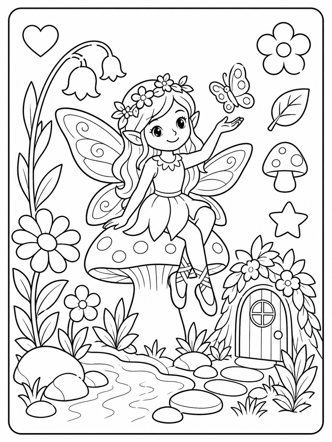 Clean fairies and enchanted gardens coloring sheet printable line art