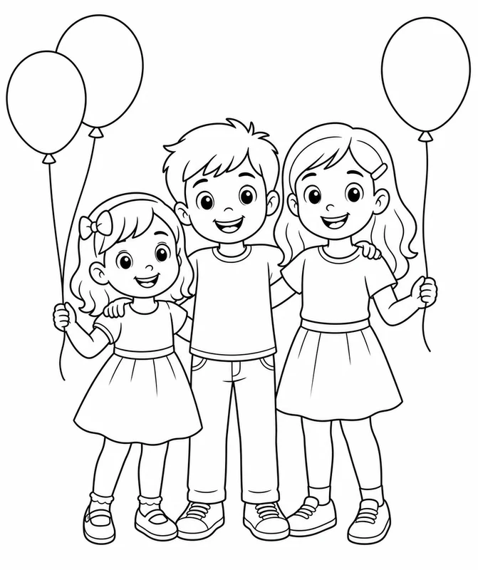Family Photo Coloring Pages: siblings standing together with balloons and a clean background