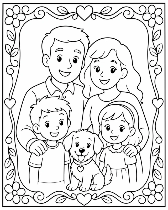 Family Photo Coloring Pages: printable family photo coloring pages sample with a decorative border, balanced margins, and no readable words