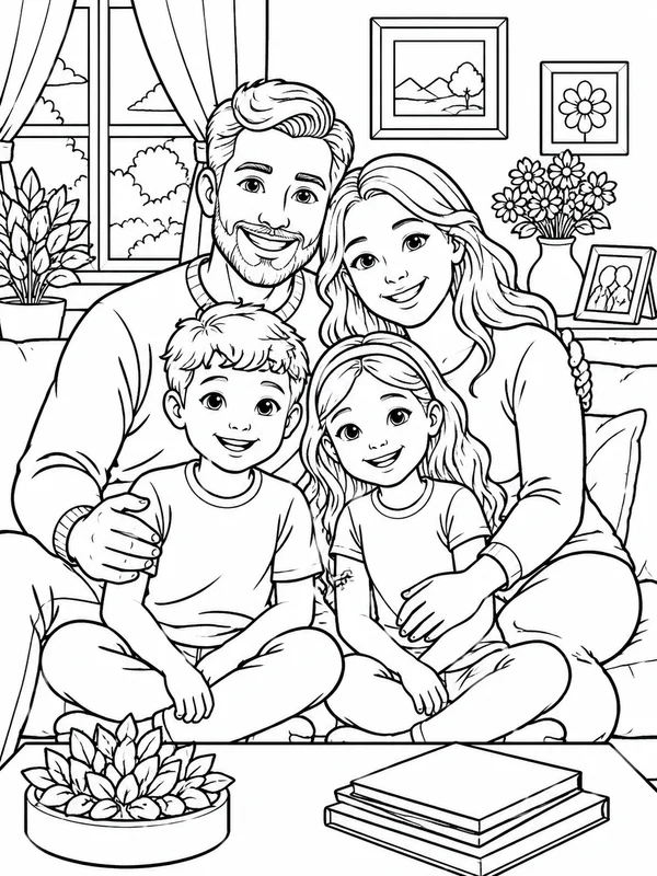 Family Photo Coloring Pages: more detailed family photo coloring pages scene with layered line art and print-ready composition