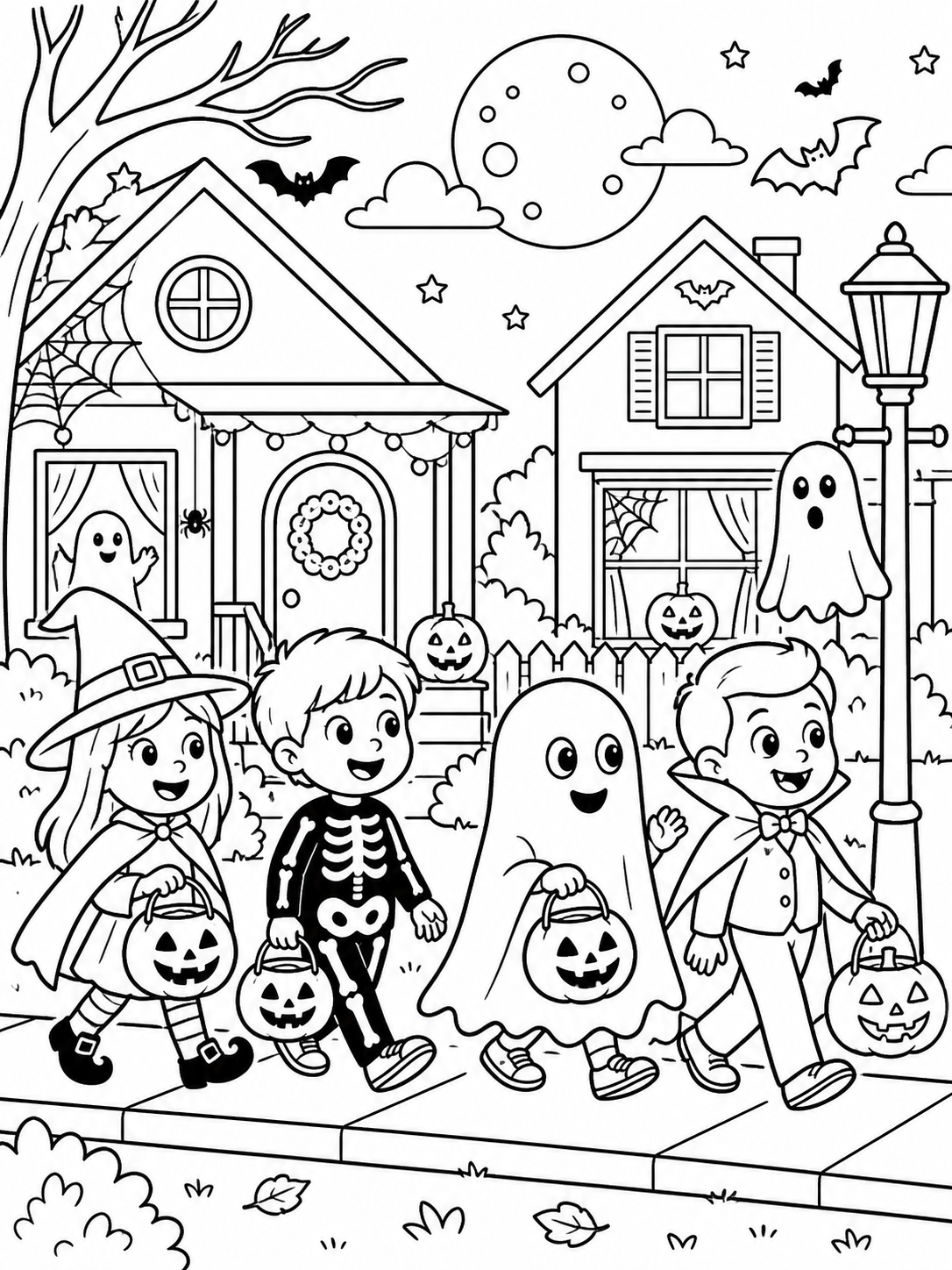Children in original costumes walking between decorated coloring page printable line art