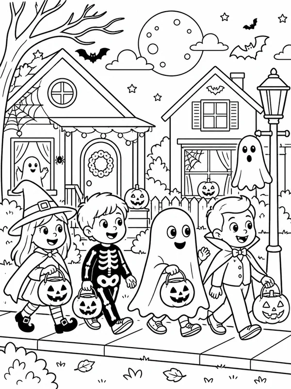 Children in original costumes walking between decorated coloring page printable line art