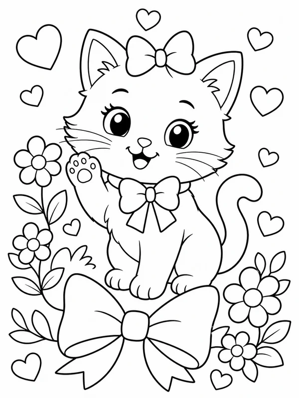Kitten waving beside flowers, hearts, and a large bow coloring page printable line art