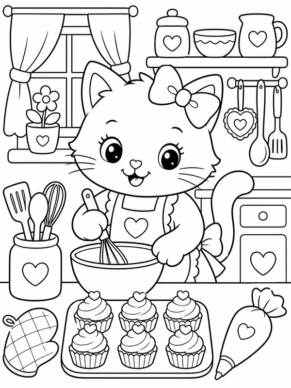 Kitten baking cupcakes in a cute kitchen with simple utensils coloring page printable line art
