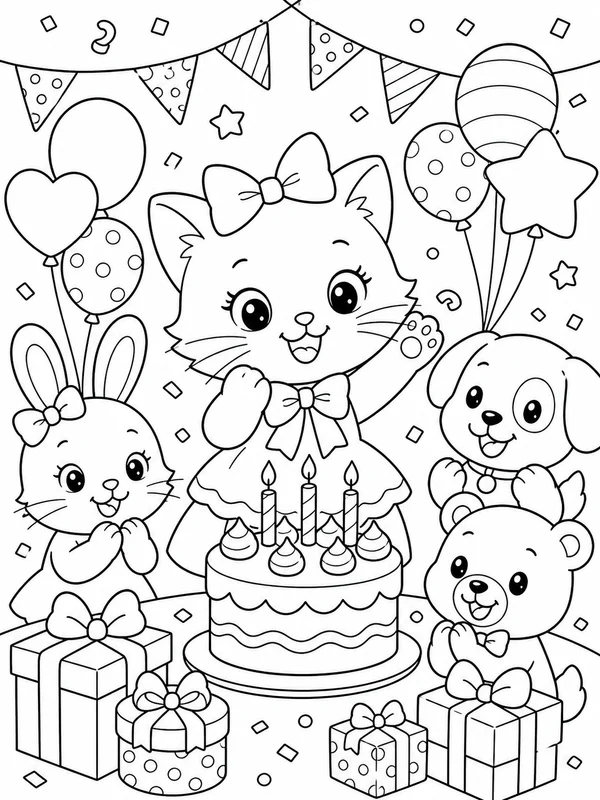 Kitten celebrating a birthday coloring page printable line art