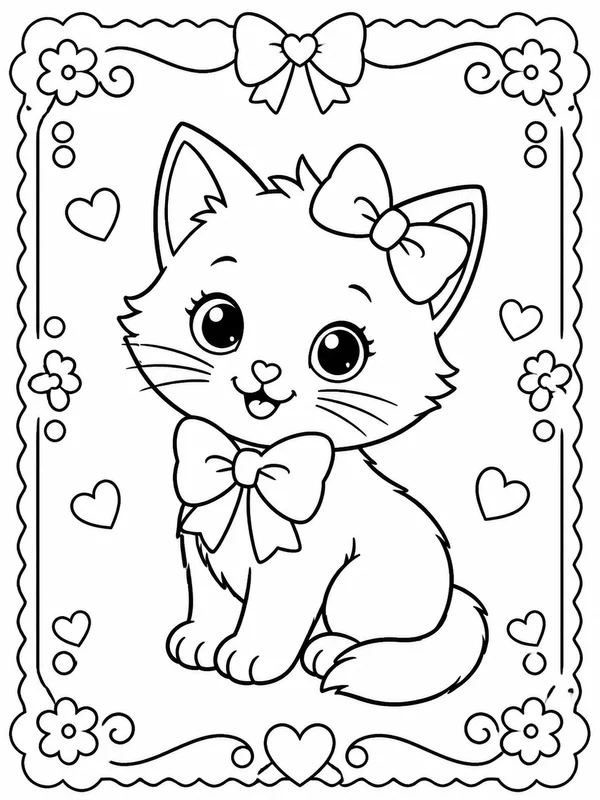 Printable a cute bow-wearing white kitten character sample printable line art