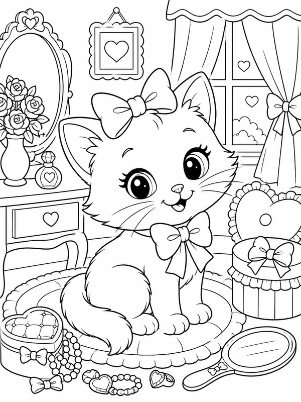 More detailed a cute bow-wearing white kitten character scene coloring page printable line art
