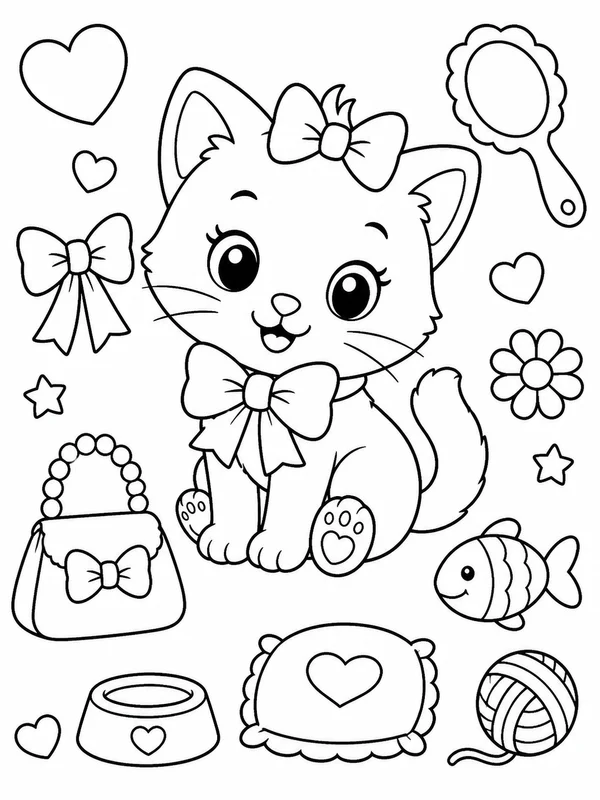 Cute a cute bow-wearing white kitten character coloring page printable line art