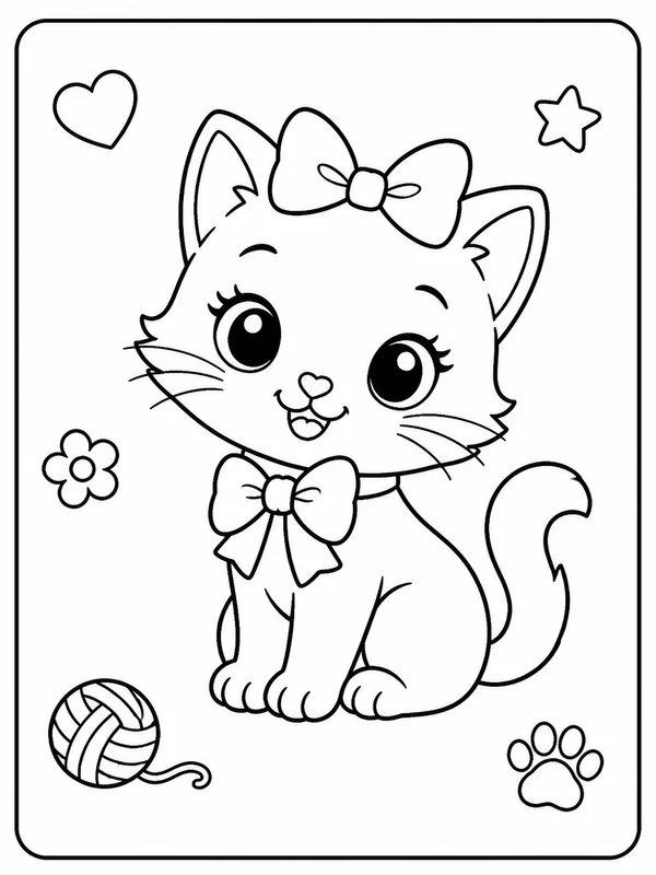 Clean a cute bow-wearing white kitten character coloring sheet printable line art