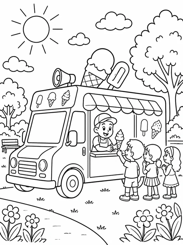 Ice cream truck parked beside a sunny park coloring page printable line art