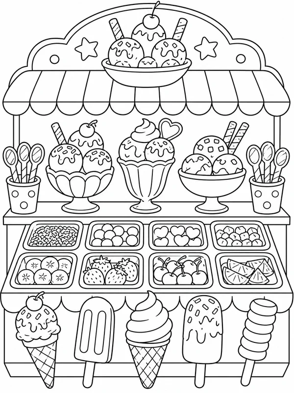 Decorated sundae bar coloring page printable line art