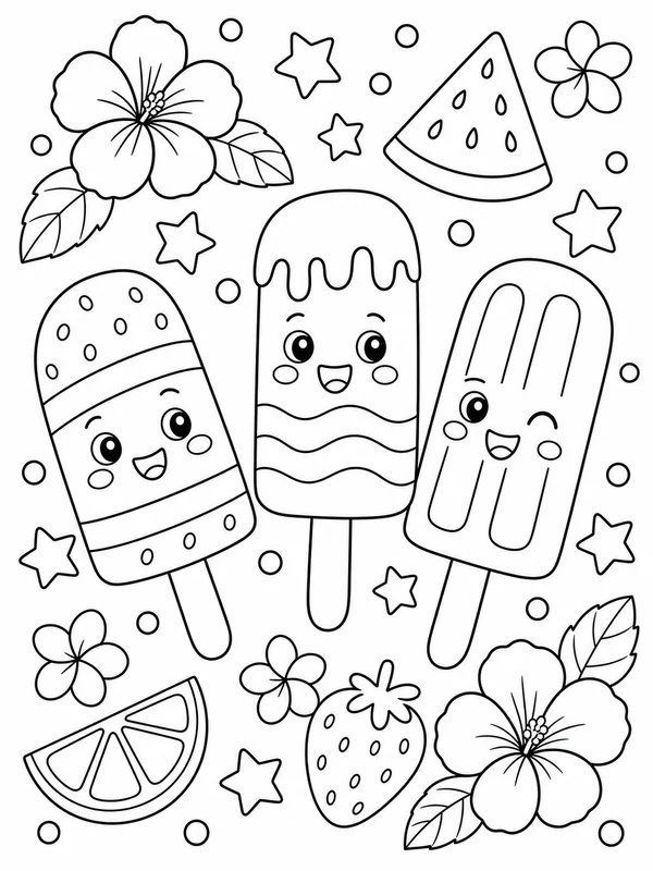 Three cheerful popsicles arranged coloring page printable line art