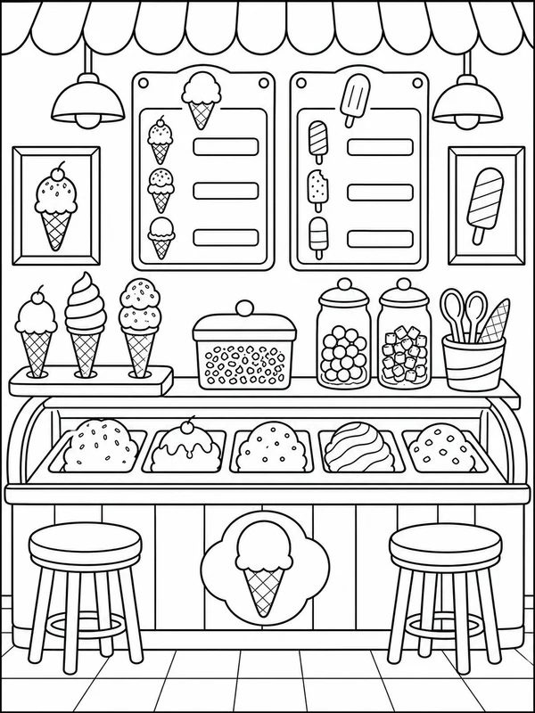 Ice cream shop counter coloring page printable line art