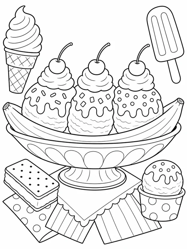 Giant banana split coloring page printable line art